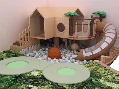 Children Playground Equipment With Wooden House Slide Ball Pit And Green Circular Mats 3d model