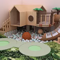 Children Playground Equipment With Wooden House Slide Ball Pit And Green Circular Mats