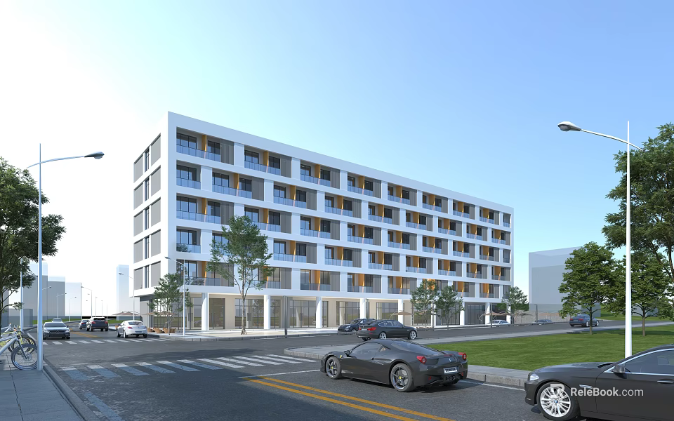 Modern School Building with Multi Story White Exterior Large Windows and Urban Street Setting 3d model 