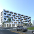 Modern School Building with Multi Story White Exterior Large Windows and Urban Street Setting