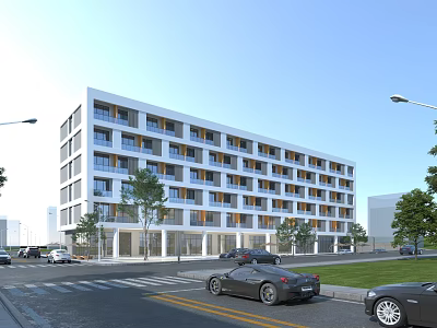 Modern School Building with Multi Story White Exterior Large Windows and Urban Street Setting 3d model