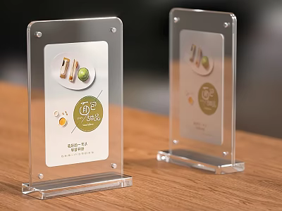 Transparent Acrylic Advertising Signs Displaying Fresh Noodle Food Images On Wooden Surface 3d model