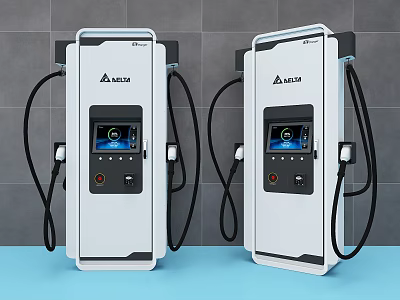 Delta EV Charging Stations With Display Screens Gray Tiled Wall And Blue Countertop 3d model