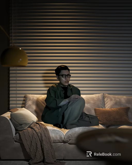 Cozy Living Room Interior Design With Beige Sofa Yellow Pendant Lamp And Window Blinds 3d model 