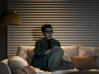 Cozy Living Room Interior Design With Beige Sofa Yellow Pendant Lamp And Window Blinds 3d model