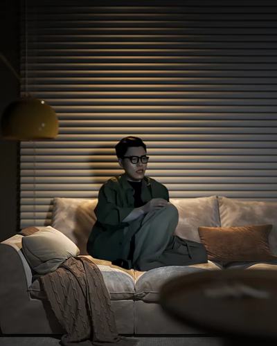 Cozy Living Room Interior Design With Beige Sofa Yellow Pendant Lamp And Window Blinds 3d model