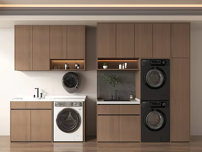 Modern Laundry Area With Wooden Cabinets Sink And Stacked Washing Machines 3d model