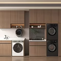 Modern Laundry Area With Wooden Cabinets Sink And Stacked Washing Machines