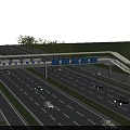 Highway Overpass with Vehicles on Road Flanked by Trees and Blue Structures Above 3d model