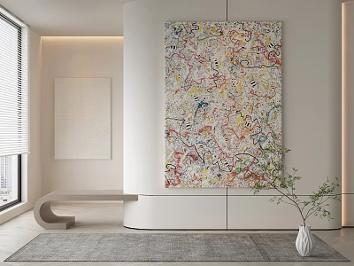 Colorful Abstract Painting Hanging On Wall In Modern Interior With Bench Vase Plant And Rug 3d model