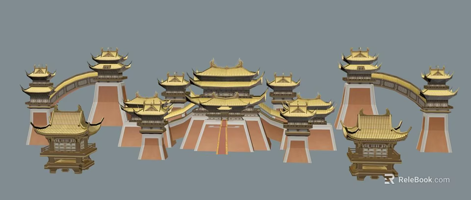 Traditional Chinese Architecture With Golden Roofs Upturned Eaves And Red Walls 3d model 