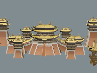 Traditional Chinese Architecture With Golden Roofs Upturned Eaves And Red Walls 3d model