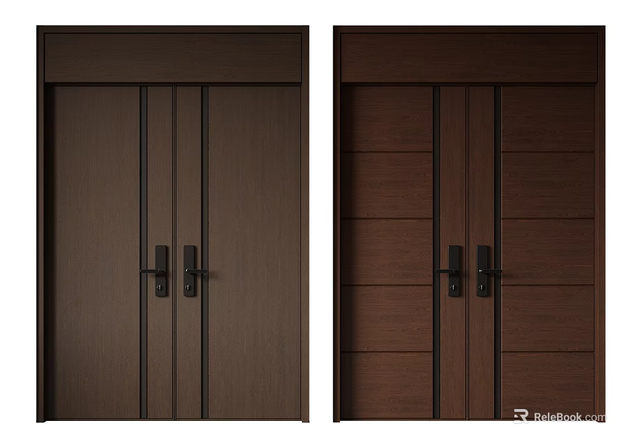 Dark Brown Double Wooden Doors With Smooth And Paneled Design For Home Interior 3d model 