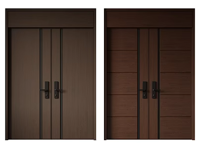 Dark Brown Double Wooden Doors With Smooth And Paneled Design For Home Interior 3d model