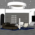 Modern Clothing Store Interior With Curved Sofa Blue Carpet Circular Ceiling Light And Display Racks