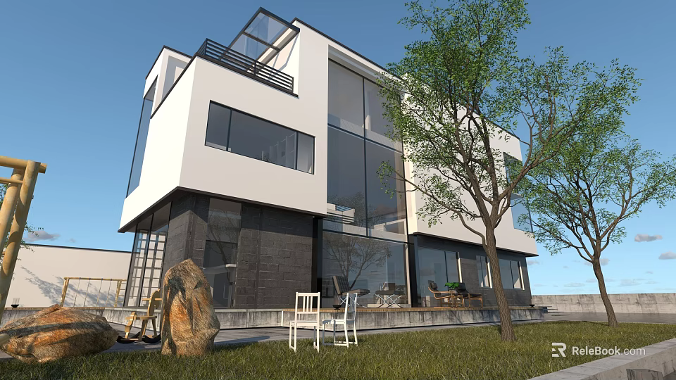 Modern Detached Villa With Large Glass Windows White Dark Exterior Lawn And Trees 3d model 