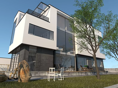 Modern Detached Villa With Large Glass Windows White Dark Exterior Lawn And Trees 3d model