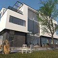 Modern Detached Villa With Large Glass Windows White Dark Exterior Lawn And Trees