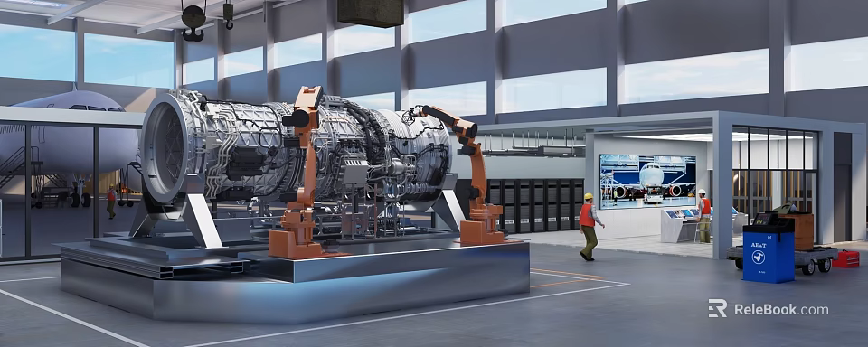 Aircraft Engine Manufacturing With Industrial Robots In Plant 3d model