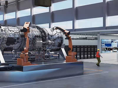 Aircraft Engine Manufacturing With Industrial Robots In Plant 3d model
