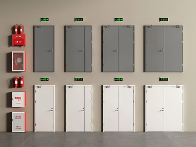 White And Gray Double Doors With Fire Equipment And Green Indicators On Wall 3d model