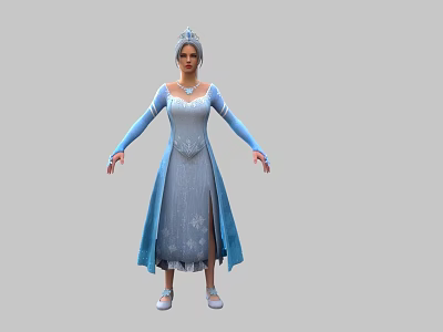 Woman Wearing Blue Long Dress with Embroidery and Tiara Standing in White Shoes 3d model