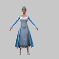 Woman Wearing Blue Long Dress with Embroidery and Tiara Standing in White Shoes