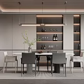 Modern Restaurant Interior With Dining Table Chairs Hanging Pendant Lights Wine Shelf And Decorative Plant