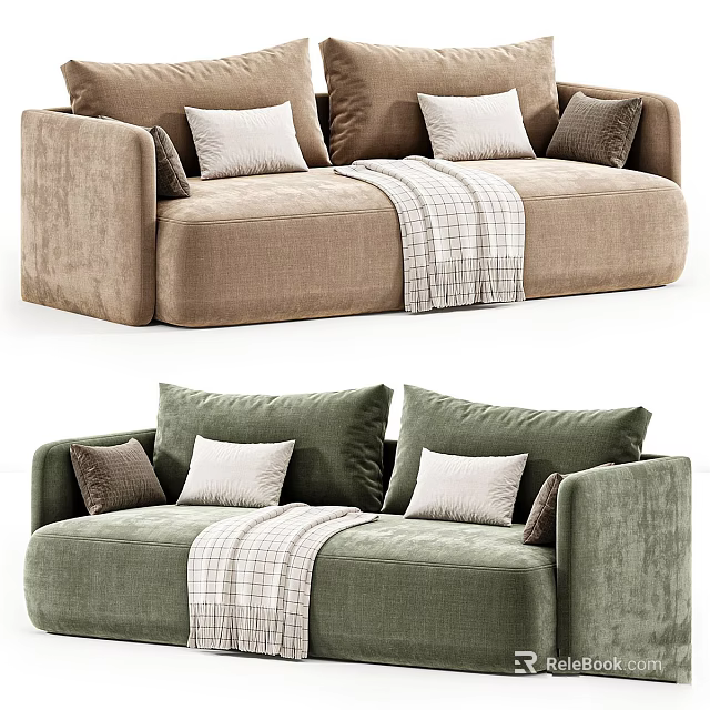 Stylish Brown And Green Sofas With Pillows And Throw Blanket Design 3d model 