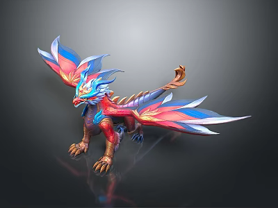 Mythical Dragon Detailed 3D Model With Vibrant Red Blue White Wings And Golden Claws Tail 3d model