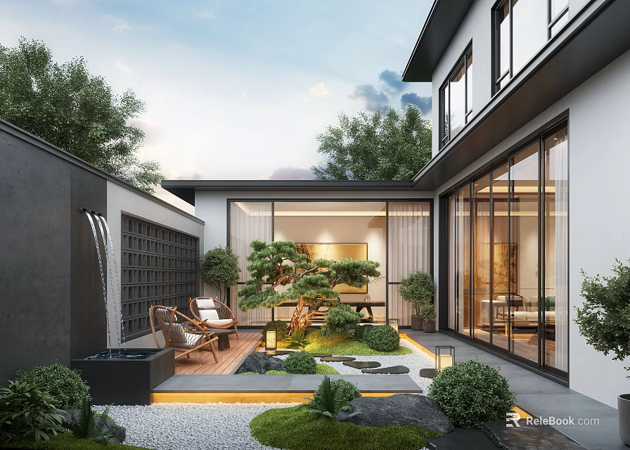 Modern Japanese Style Garden With Water Feature Stone Path Green Plants And Glass Walls 3d model 