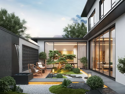 Modern Japanese Style Garden With Water Feature Stone Path Green Plants And Glass Walls 3d model