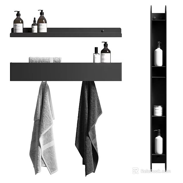 Organized Bathroom Accessories With Black Wall Shelves Towels And Toiletries Bottles 3d model 