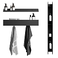 Organized Bathroom Accessories With Black Wall Shelves Towels And Toiletries Bottles