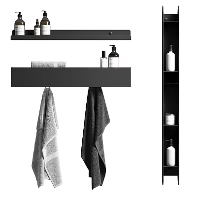 Organized Bathroom Accessories With Black Wall Shelves Towels And Toiletries Bottles 3d model