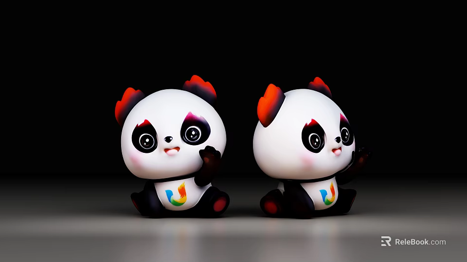 Cute Cartoon Style Panda Sculptures With White Body Red Ears And Colorful Logo 3d model 