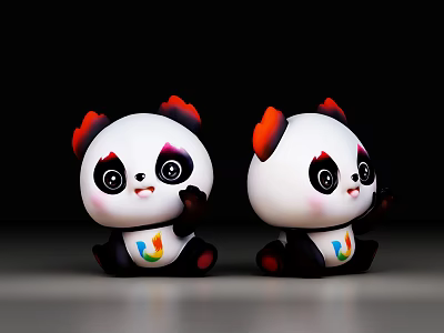 Cute Cartoon Style Panda Sculptures With White Body Red Ears And Colorful Logo 3d model