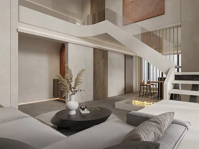 Modern Duplex Living Room Interior With Staircase Sofa And Coffee Table Decor 3d model