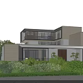 Modern Detached Villa Exterior Design With Large Windows And Courtyard Garden