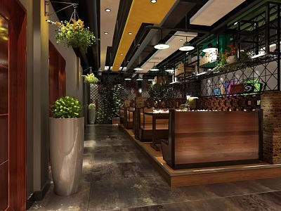 Restaurant Interior Design With Wooden Booths Hanging Green Plants And Yellow Ceiling Lights 3d model