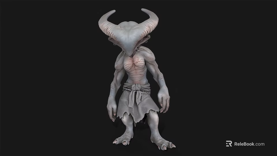 Game And Movie Fantasy Character With Large Horns Pale Skin Emaciated Body And Tattered Cloth 3d model 