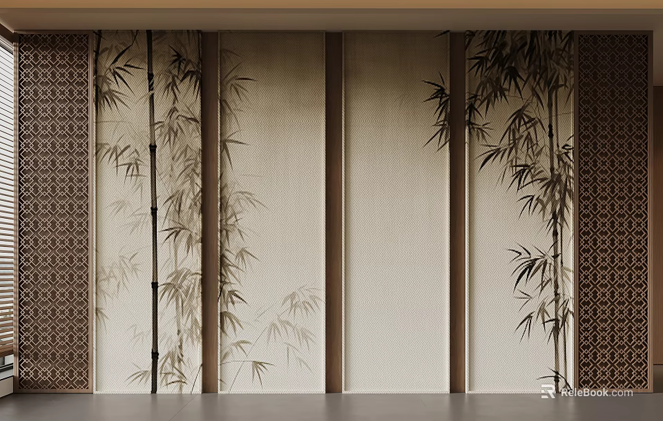 Bamboo Patterned Background Wall With Natural Screen Design And Textured Panels 3d model