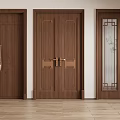 Elegant Wooden Double Doors With Brass Hardware Glass Inserts And Decorative Patterns 3d model