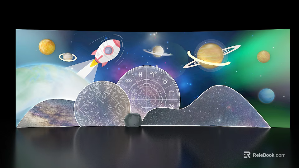 Space Theme Photo Check-in Spot with Rocket Planets Constellations and Starry Sky Backdrop 3d model