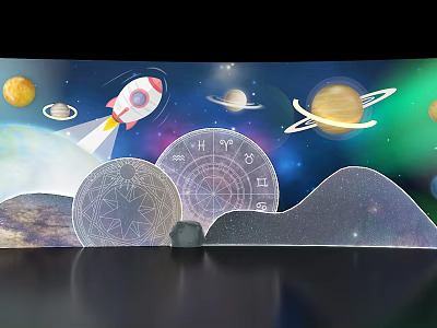 Space Theme Photo Check-in Spot with Rocket Planets Constellations and Starry Sky Backdrop 3d model