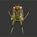 Horned Green Mythical Creature Character With Red Accent Armor And Orange Bow