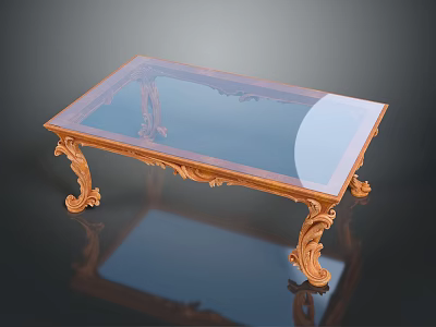 Classical Elegant Coffee Table With Glass Top And Golden Carved Legs 3d model