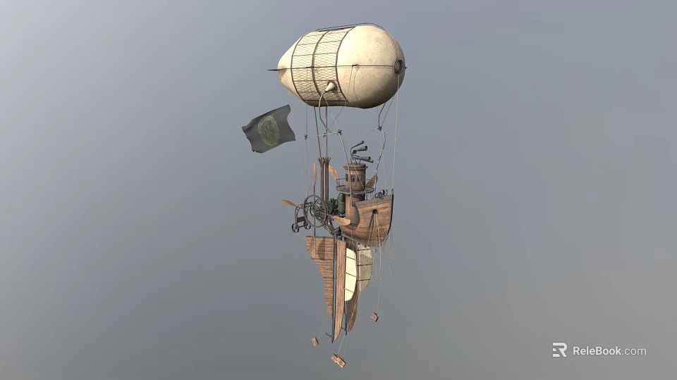Steampunk Style Hot Air Balloon With Mechanical Structure And Suspended Flag 3d model