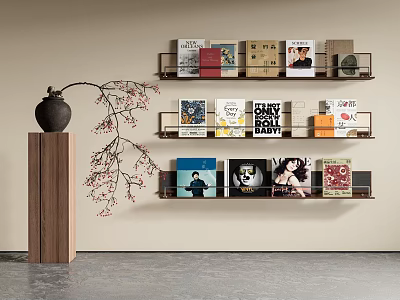 Modern Bookshelf Interior With Colorful Books Decorative Vase And Branches 3d model