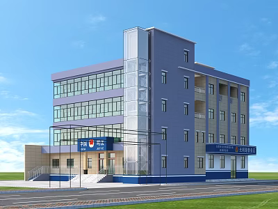 Modern Multi Story Office Building With Blue And Gray Exterior Large Glass Windows Front Entrance 3d model